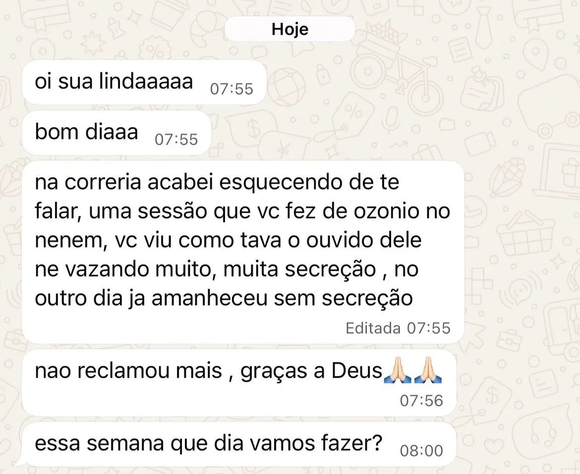 Cliente relata no WhatsApp a melhora do bebê após uma sessão de ozônio