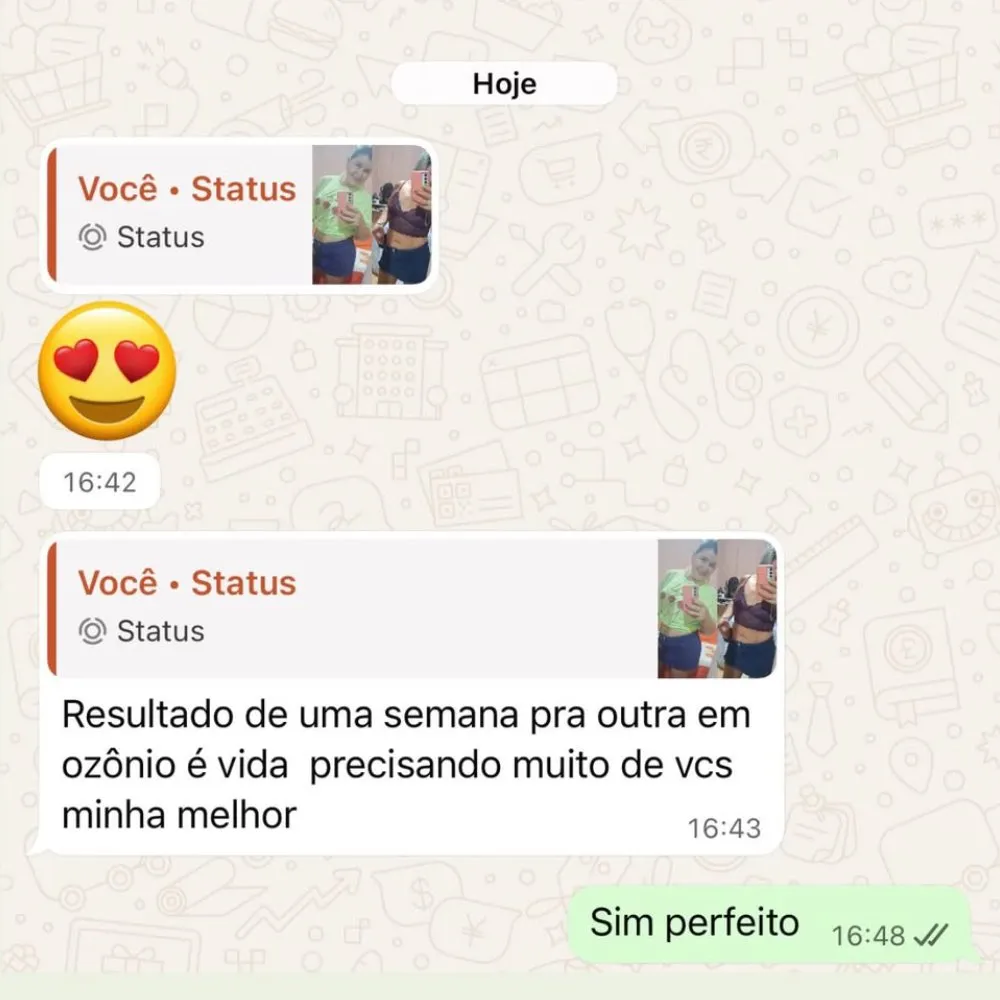 Cliente comenta no WhatsApp a mudança de uma semana para outra com ozonioterapia